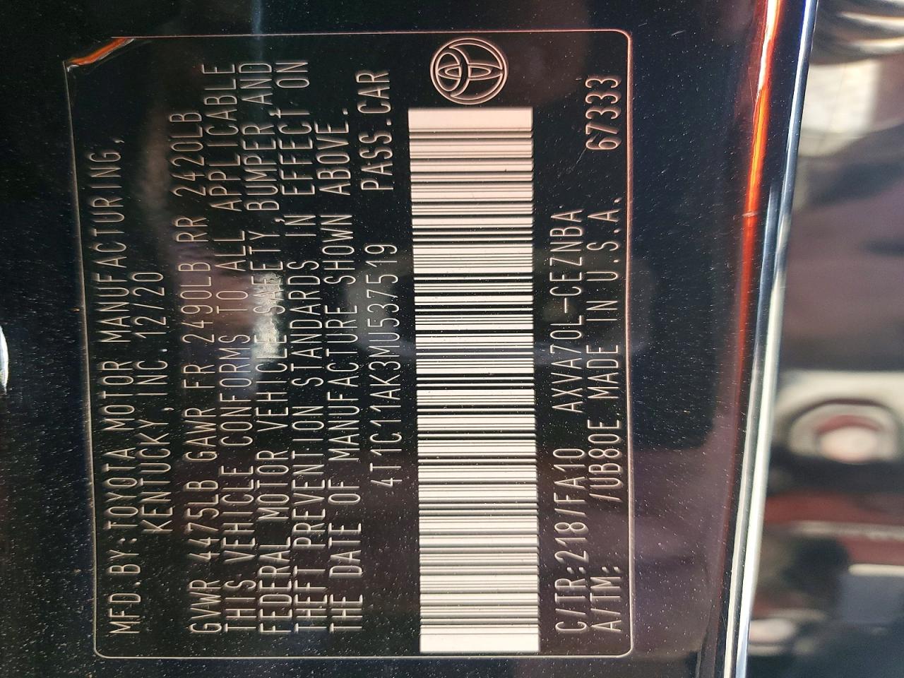 2021 TOYOTA CAMRY LE photo 12