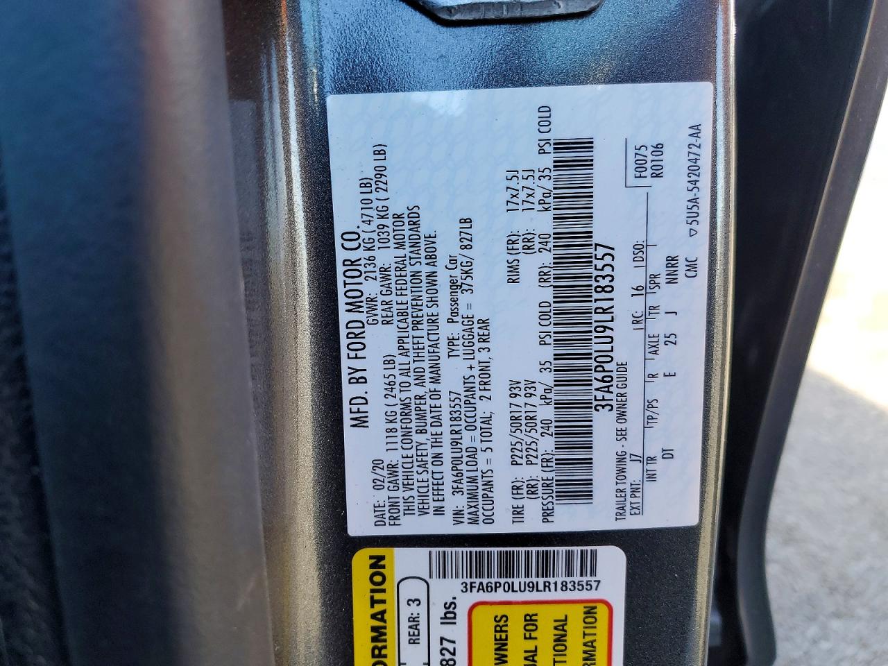 2020 FORD FUSION SE photo 12