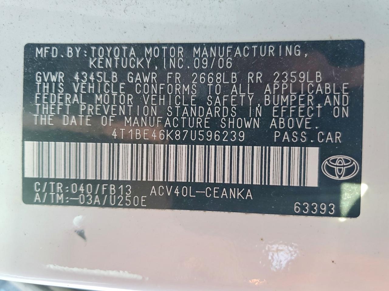 2007 TOYOTA CAMRY CE photo 12