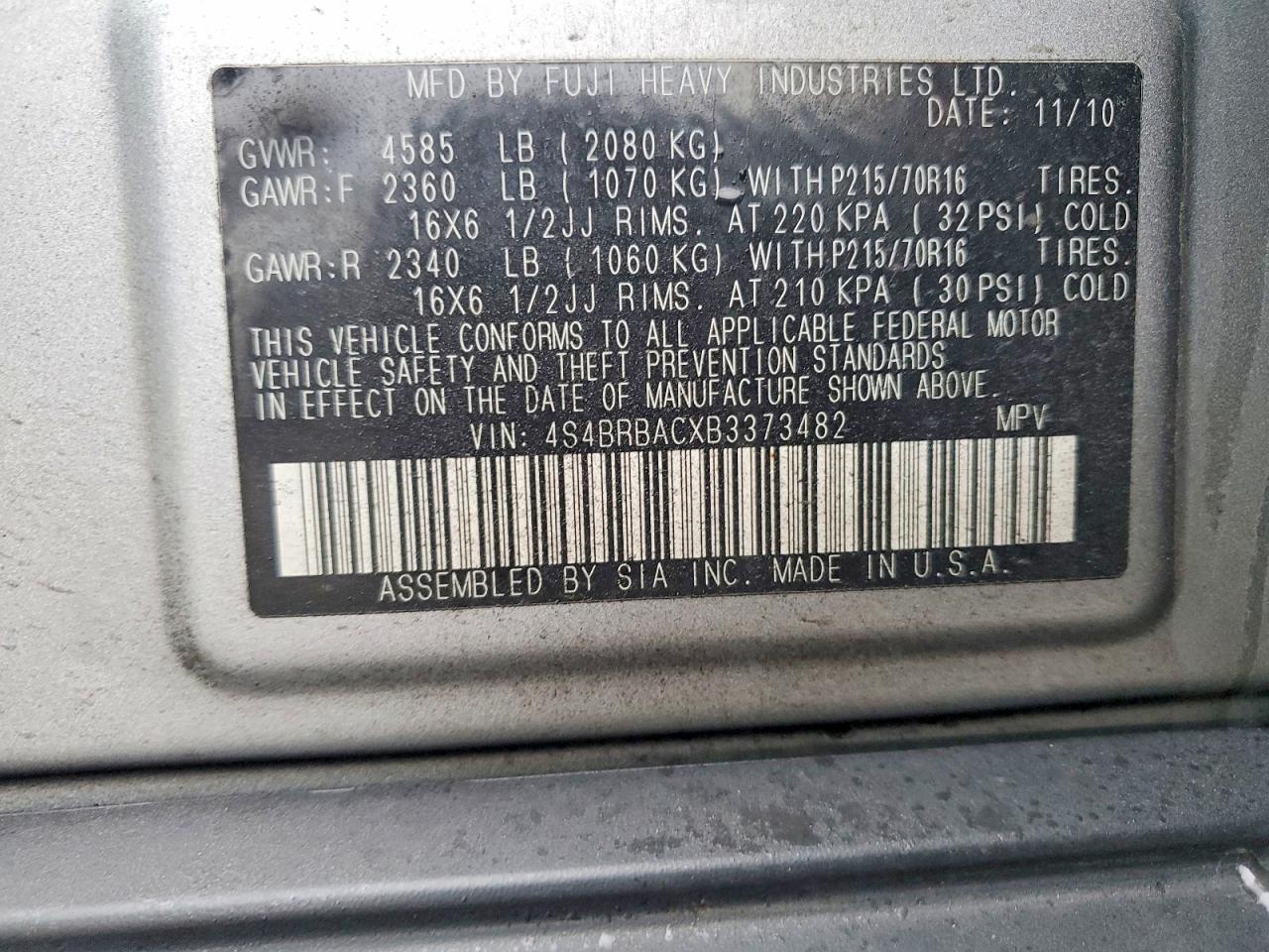 2011 SUBARU OUTBACK 2.5I photo 25