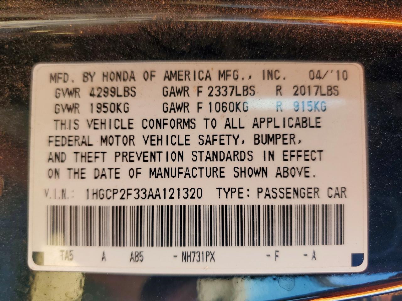 2010 HONDA ACCORD LX photo 34