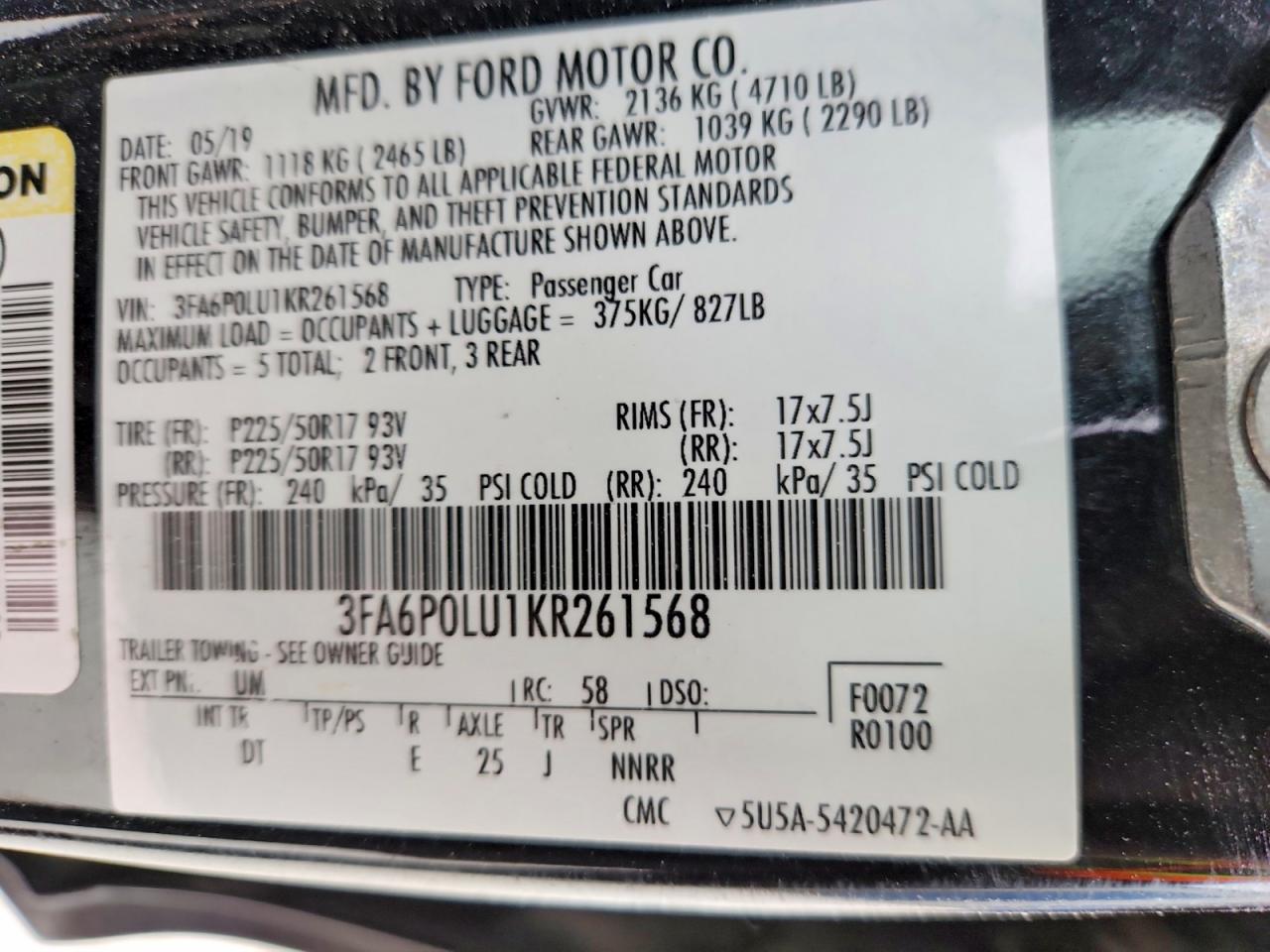 2019 FORD FUSION SE photo 12