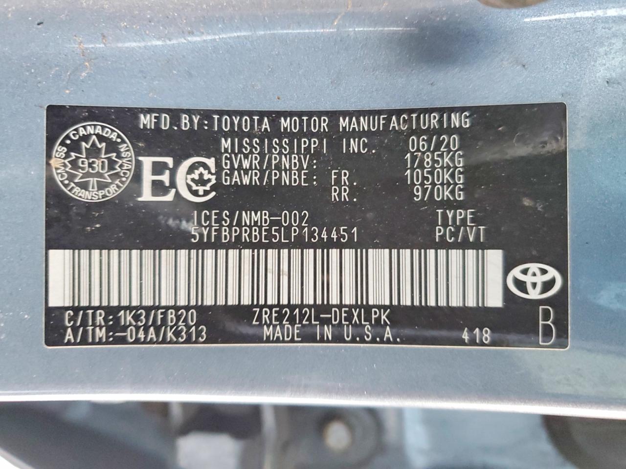 2020 TOYOTA COROLLA LE photo 12