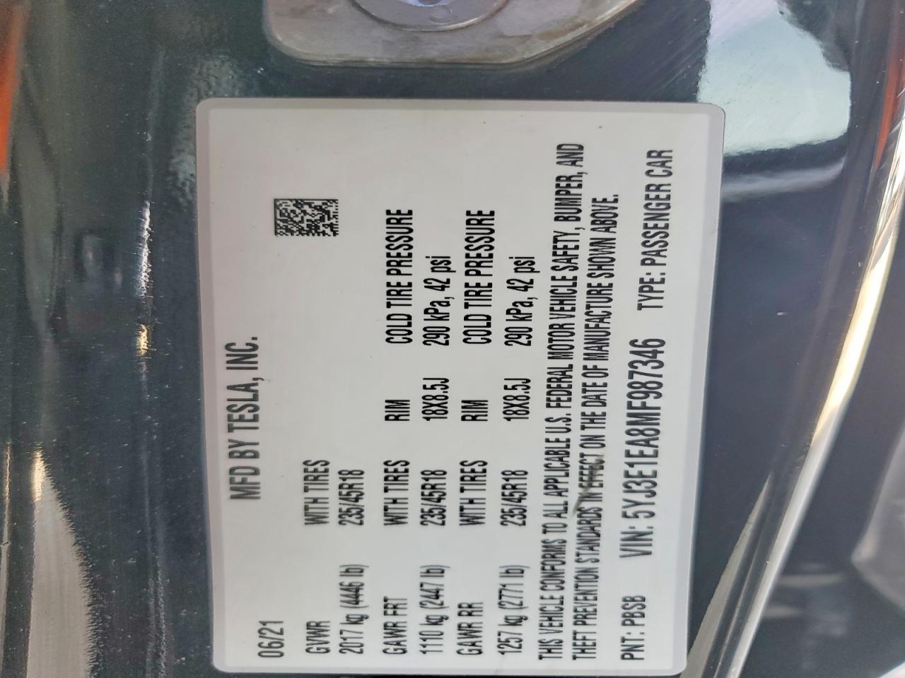 2021 TESLA MODEL 3 photo 12