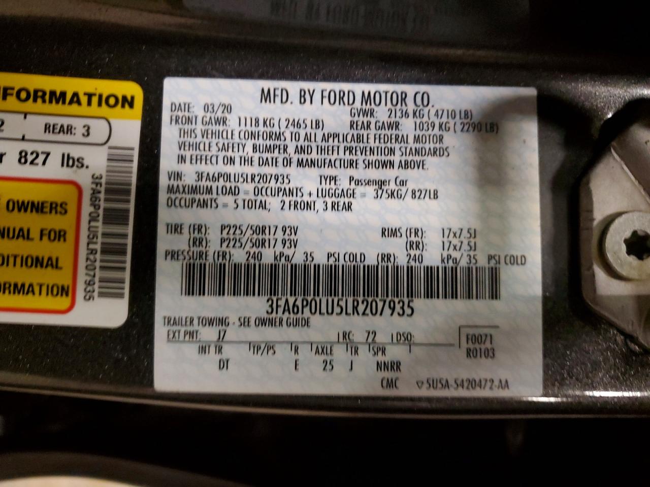 2020 FORD FUSION SE photo 12
