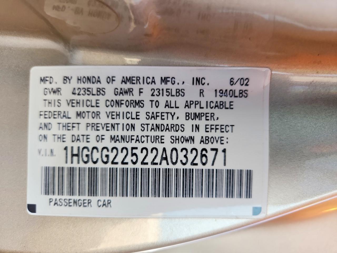 2002 HONDA ACCORD EX photo 12