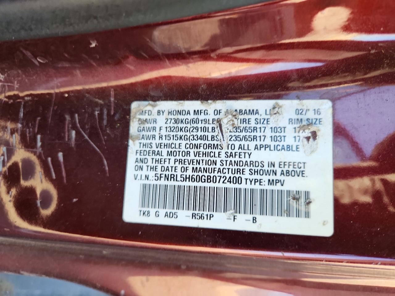 2016 HONDA ODYSSEY EXL photo 12