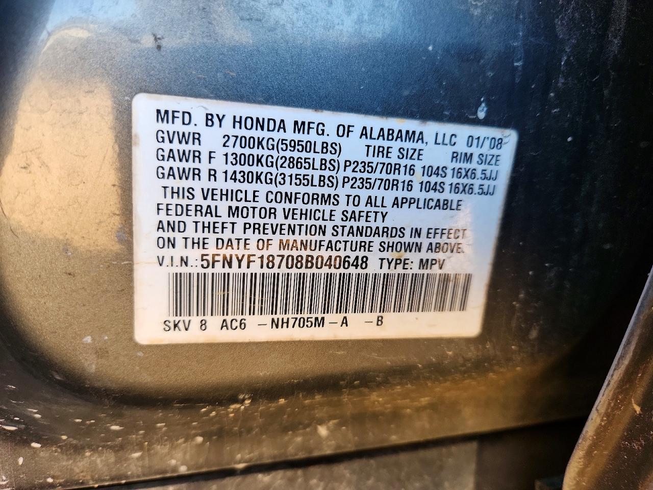 2008 HONDA PILOT EXL photo 13