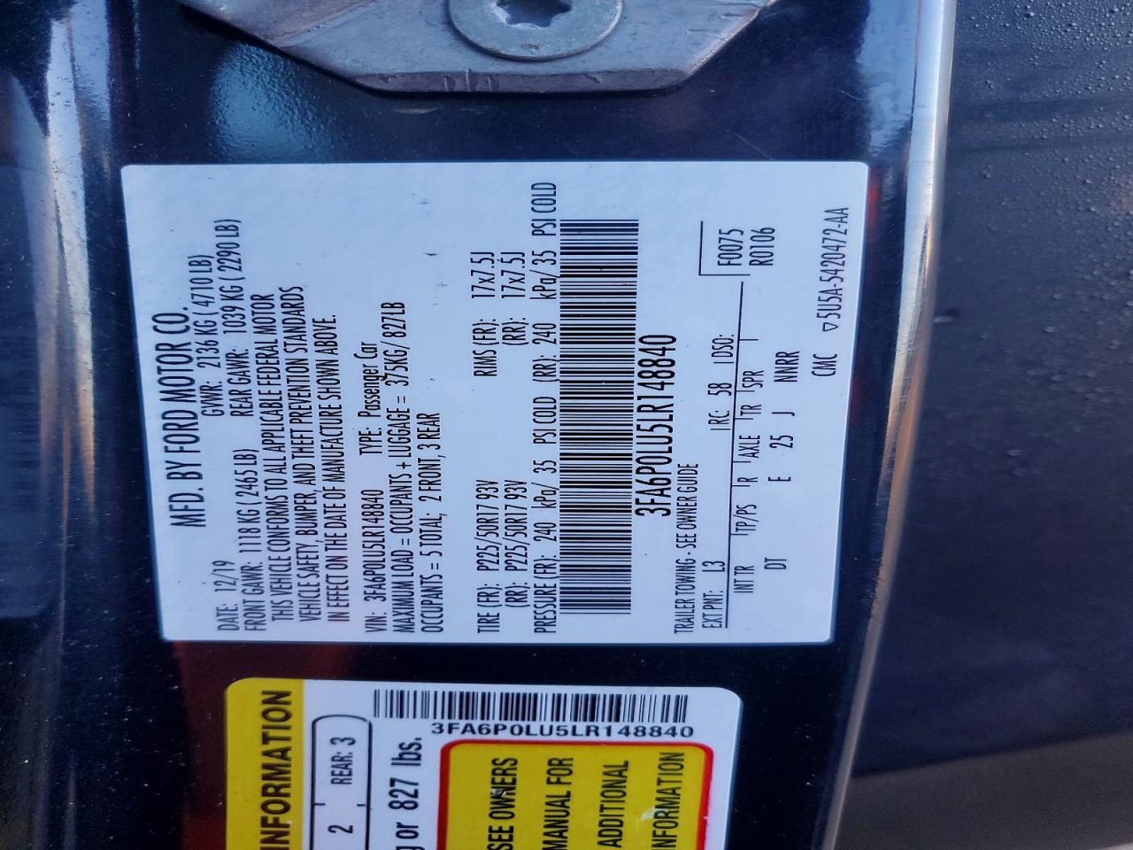 2020 FORD FUSION SE photo 12