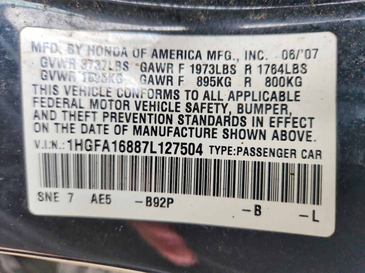 2007 HONDA CIVIC EX photo 23