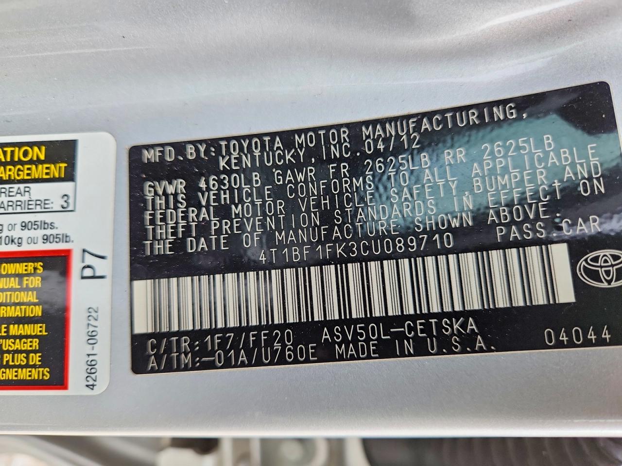 2012 TOYOTA CAMRY BASE photo 13