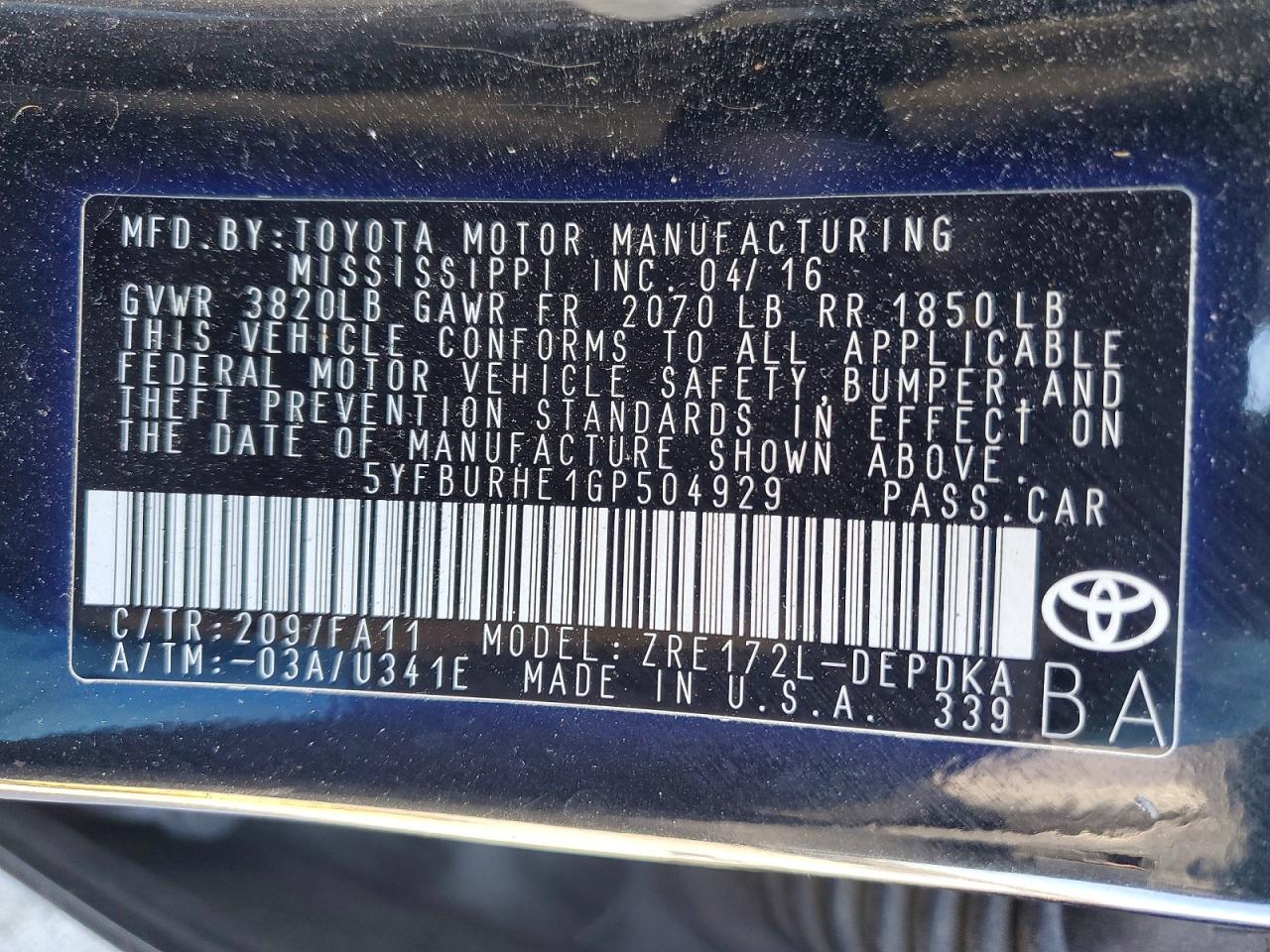 2016 TOYOTA COROLLA L photo 25