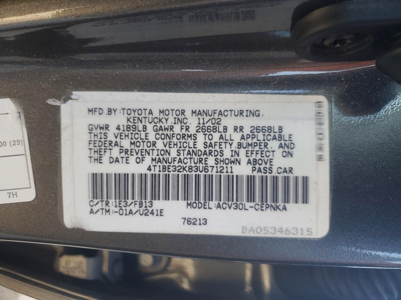 2003 TOYOTA CAMRY LE photo 12