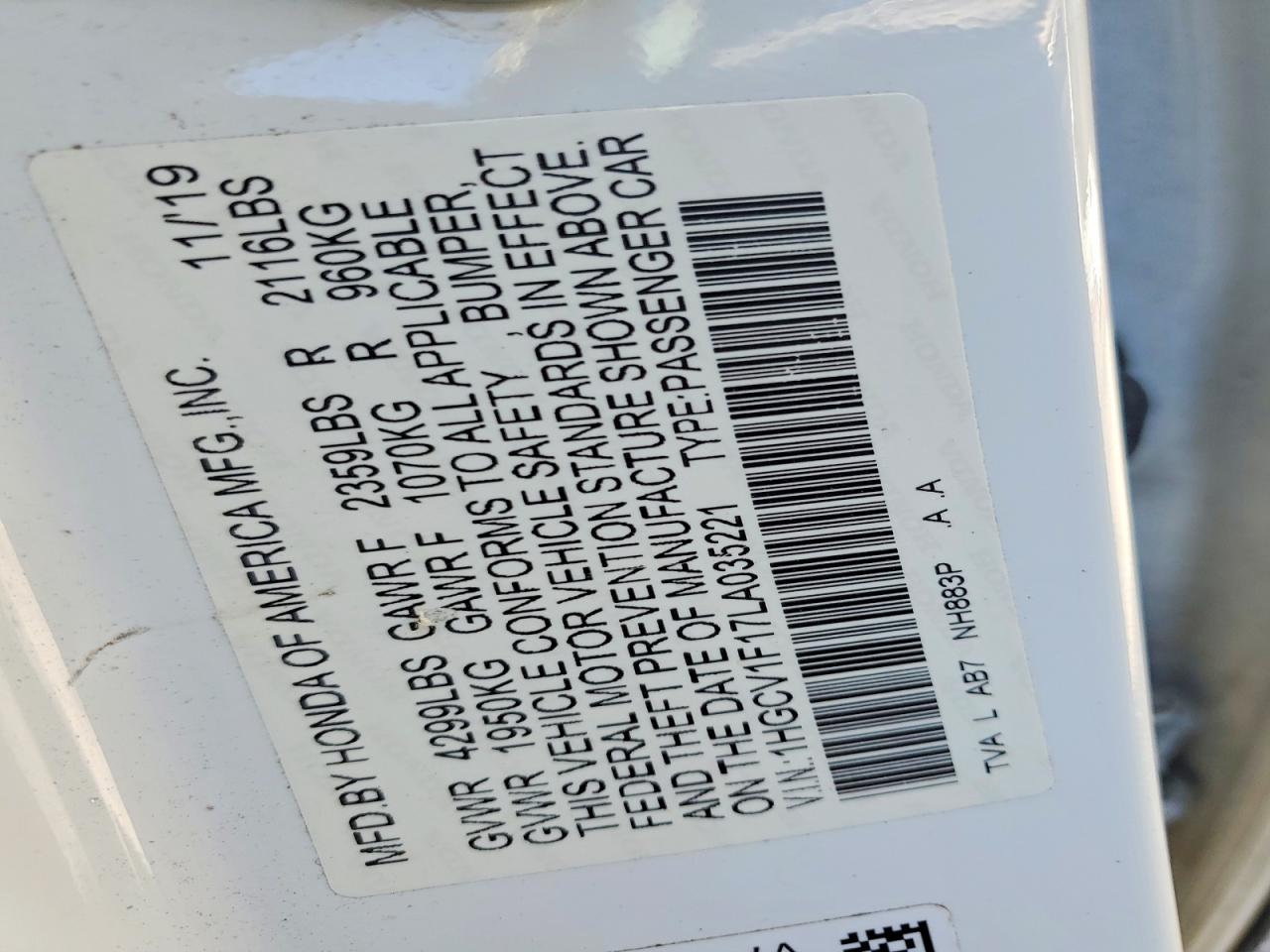 2020 HONDA ACCORD LX photo 12