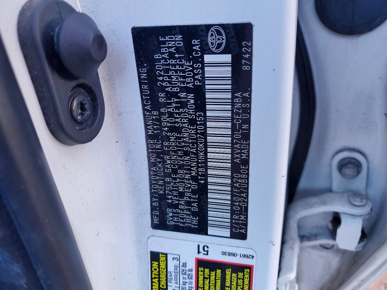 2019 TOYOTA CAMRY L photo 12