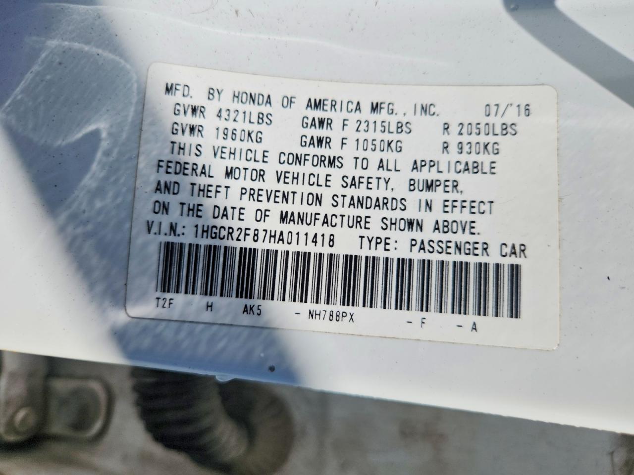 2017 HONDA ACCORD EXL photo 12