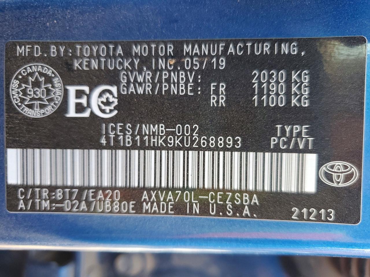 2019 TOYOTA CAMRY L photo 12