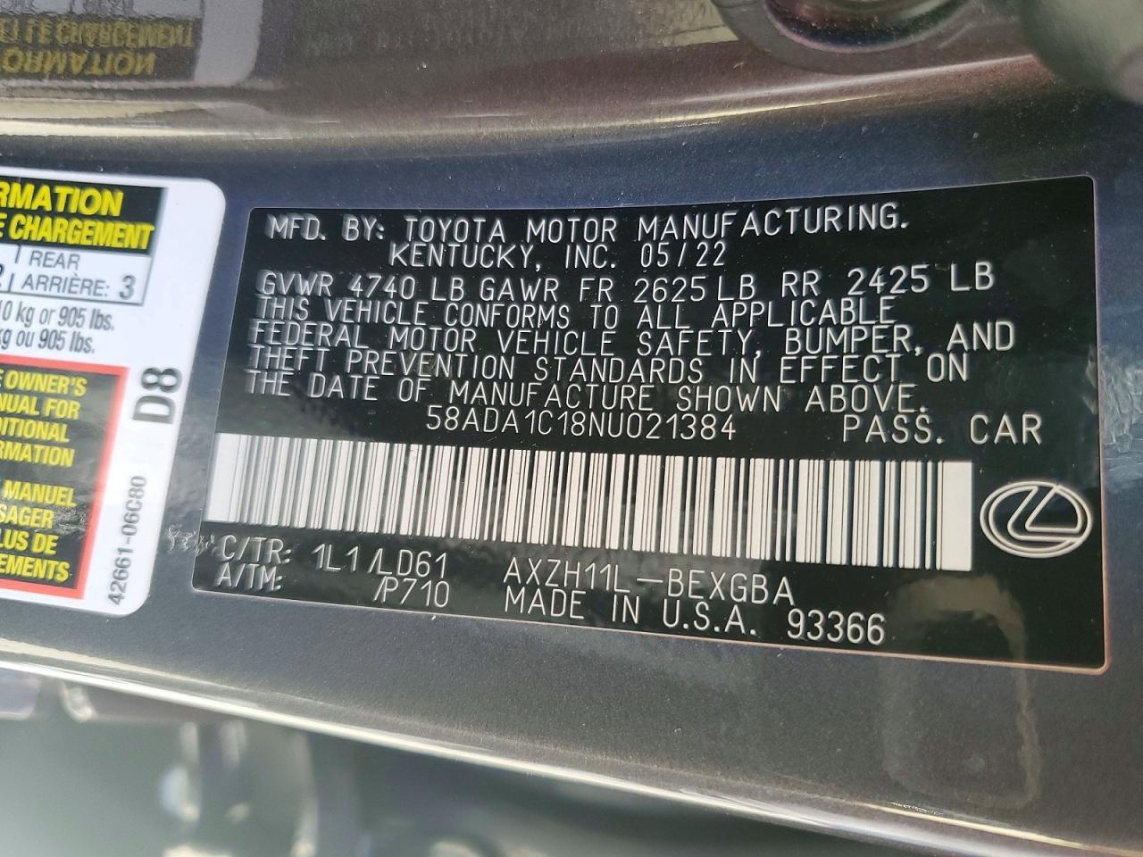 2022 LEXUS ES 300H BASE photo 12