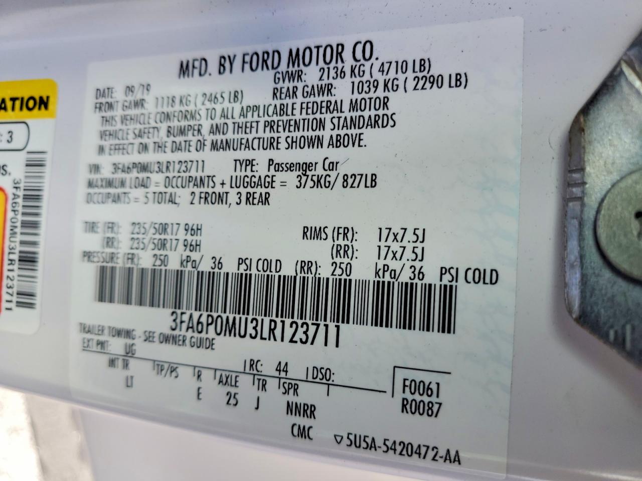 2020 FORD FUSION SEL photo 12