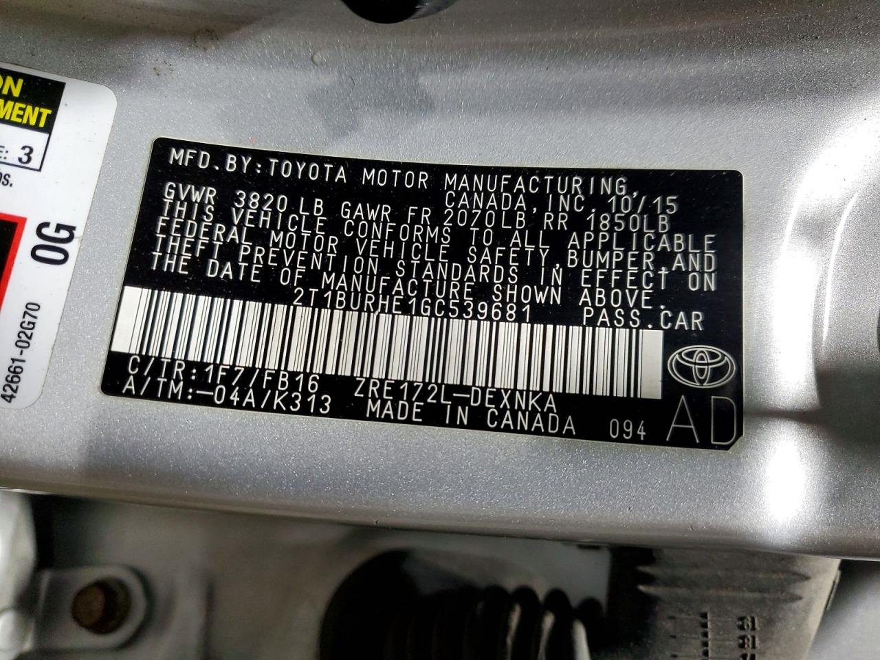 2016 TOYOTA COROLLA L photo 37