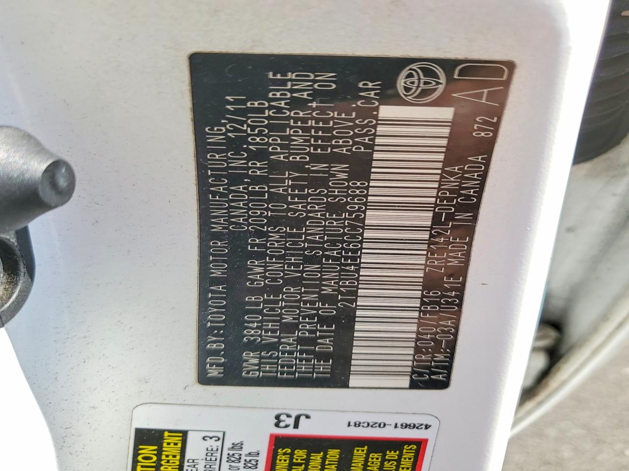 2012 TOYOTA COROLLA BASE photo 12