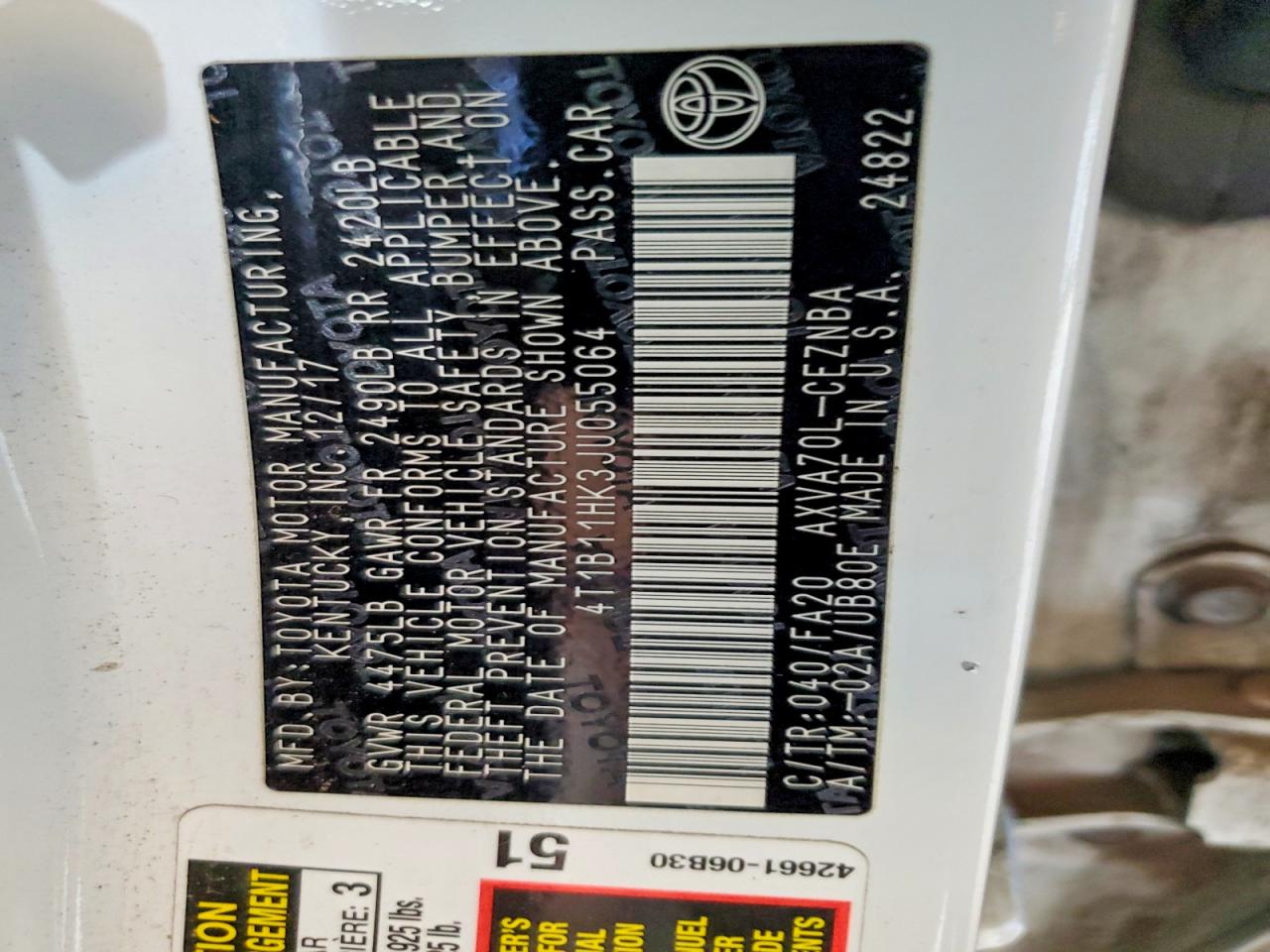2018 TOYOTA CAMRY L photo 12