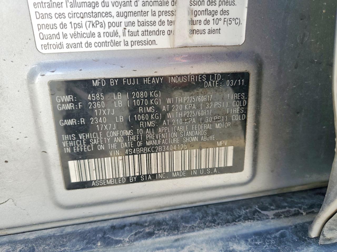 2011 SUBARU OUTBACK 2.5I LIMITED photo 25