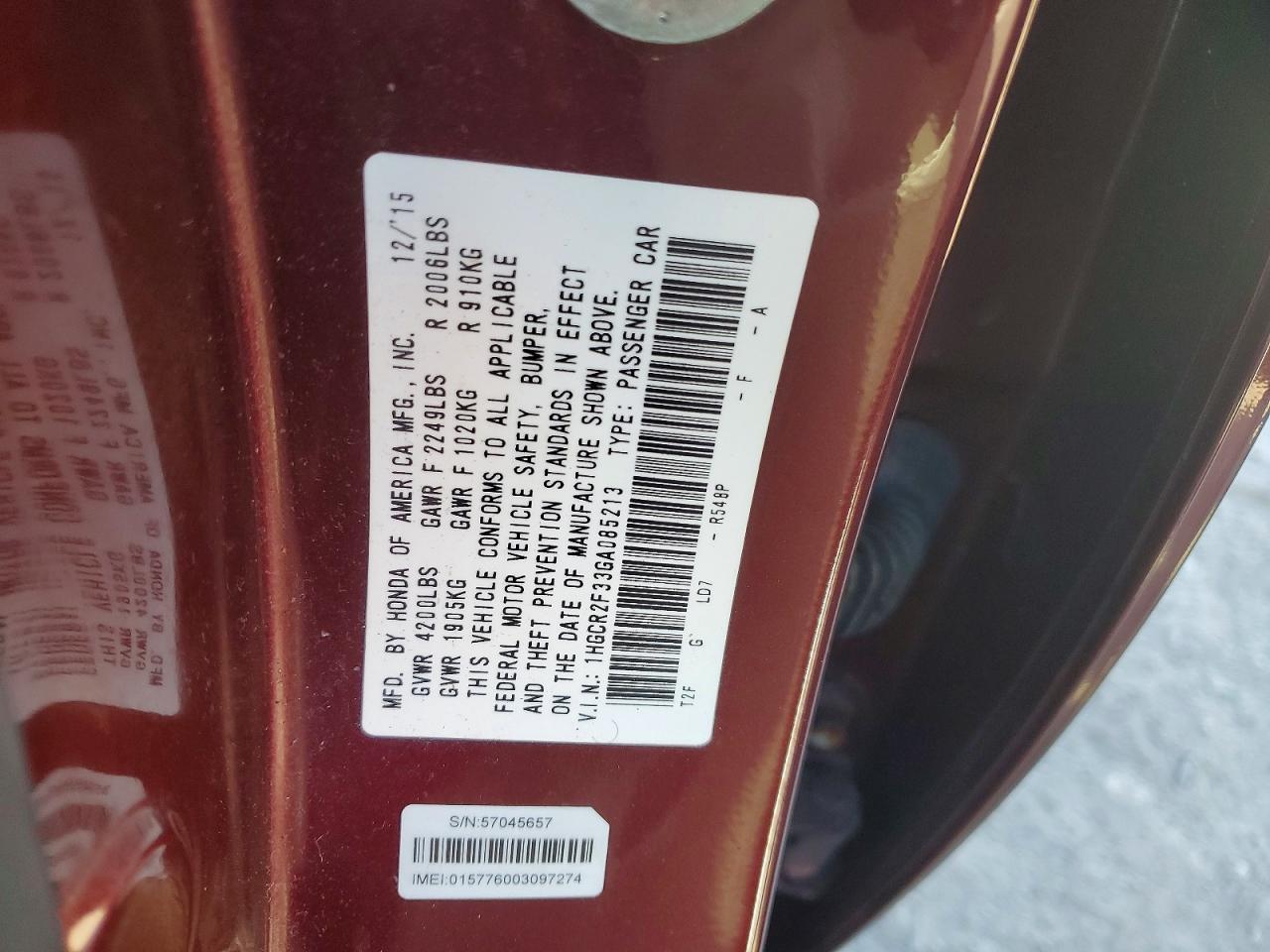 2016 HONDA ACCORD photo 12