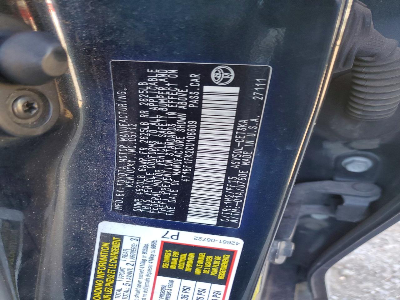 2012 TOYOTA CAMRY BASE photo 12