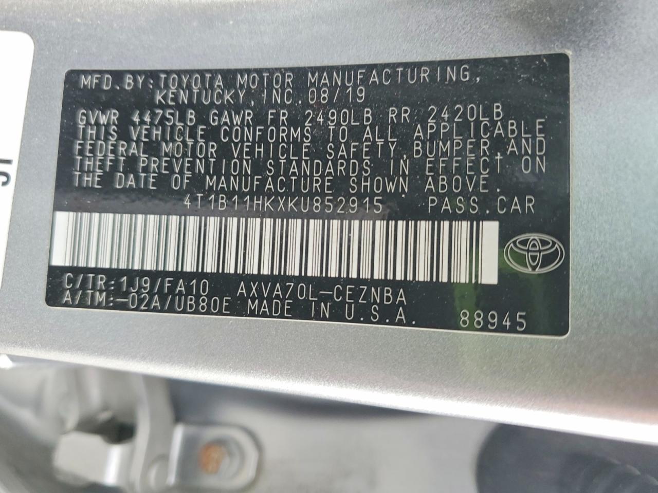 2019 TOYOTA CAMRY L photo 25