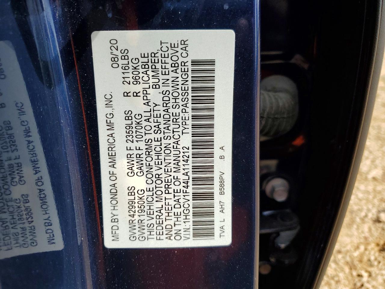 2020 HONDA ACCORD EX photo 12