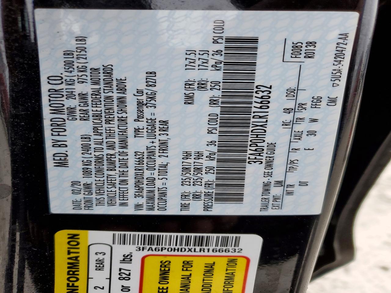 2020 FORD FUSION SE photo 12