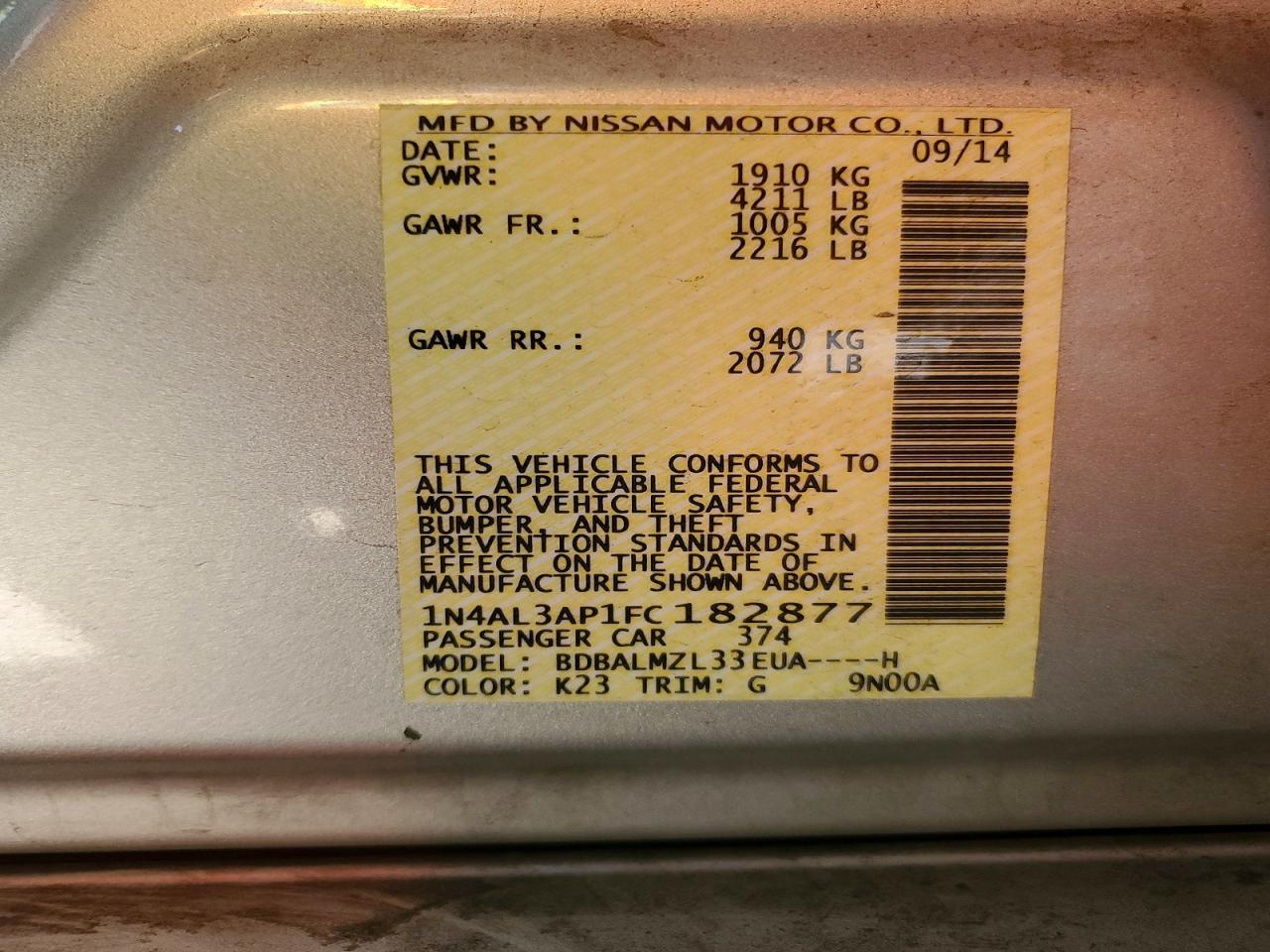 2015 NISSAN ALTIMA 2.5 SV photo 12