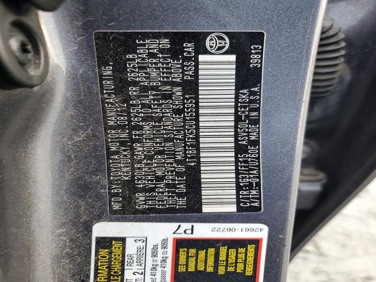 2012 TOYOTA CAMRY BASE photo 12