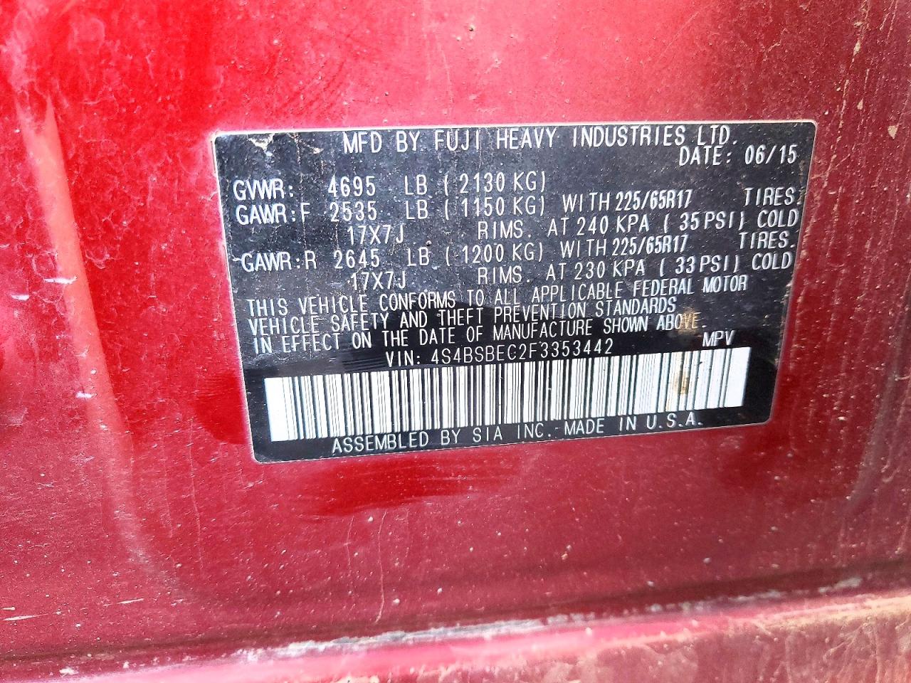 2015 SUBARU OUTBACK 2.5I PREMIUM photo 13