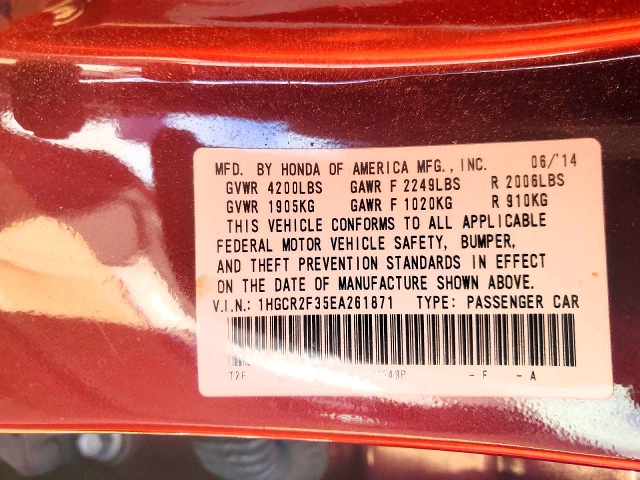 2014 HONDA ACCORD LX photo 12