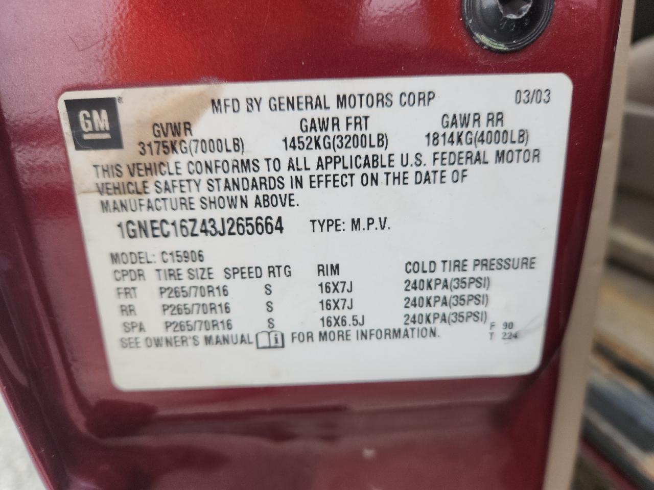 2003 CHEVROLET SUBURBAN C1500 photo 13