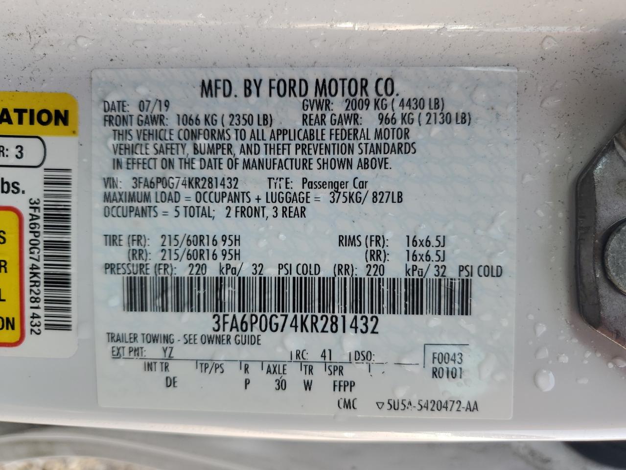 2019 FORD FUSION S photo 12