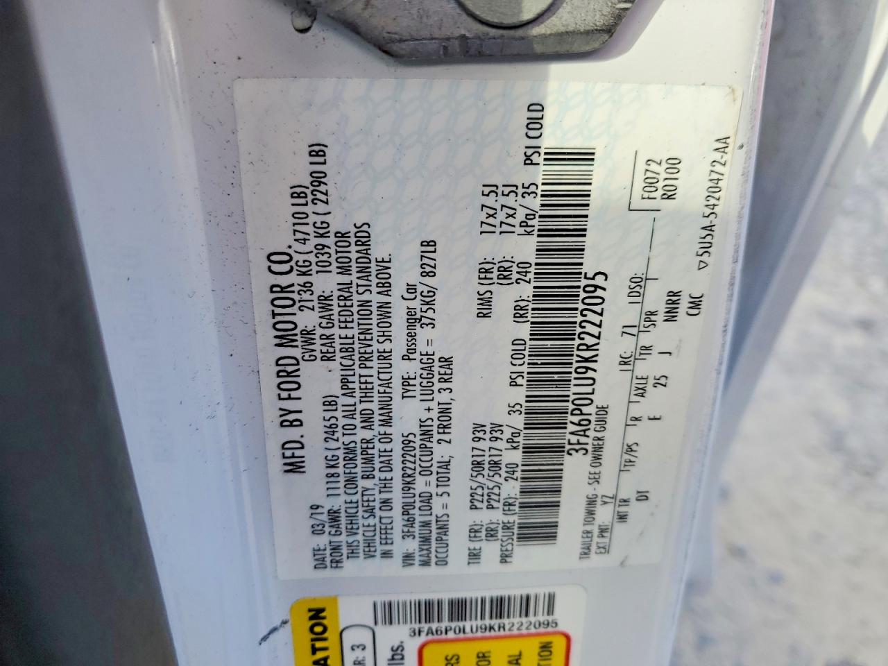 2019 FORD FUSION SE photo 12