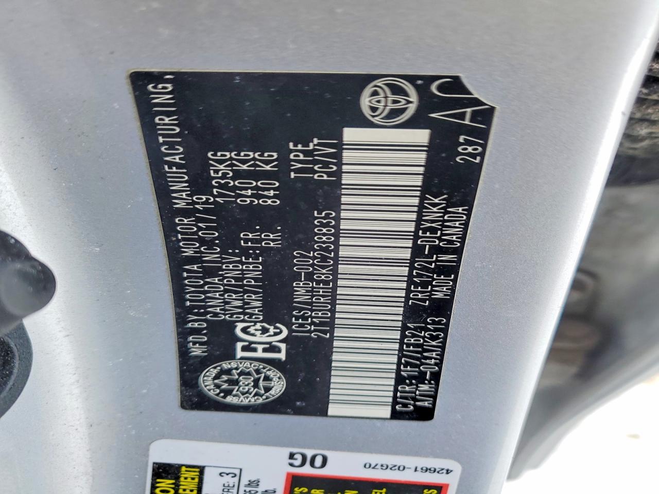 2019 TOYOTA COROLLA L photo 12