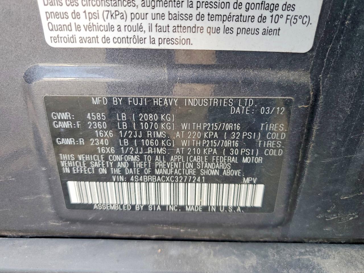 2012 SUBARU OUTBACK 2.5I photo 12