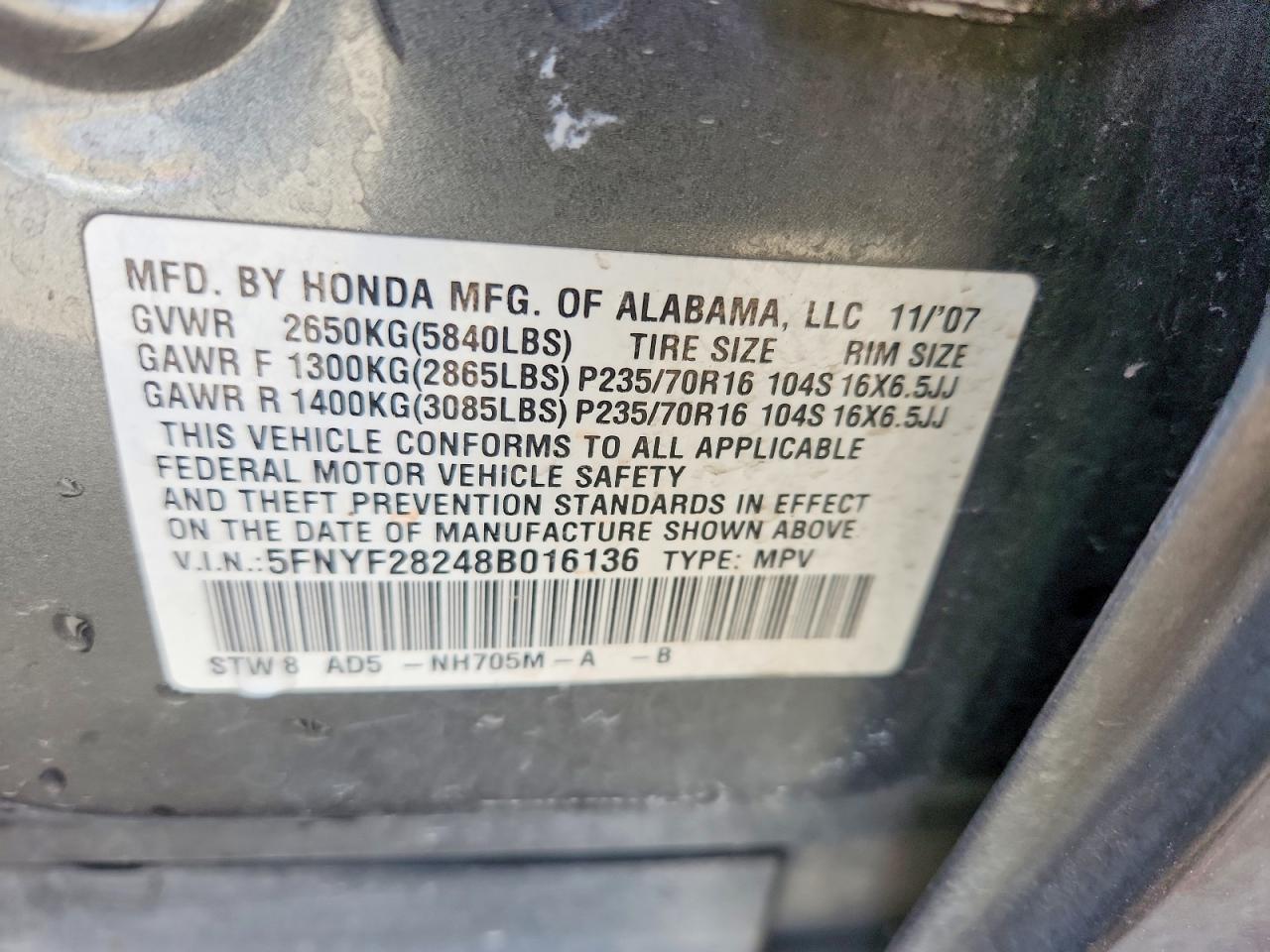 2008 HONDA PILOT VP photo 12