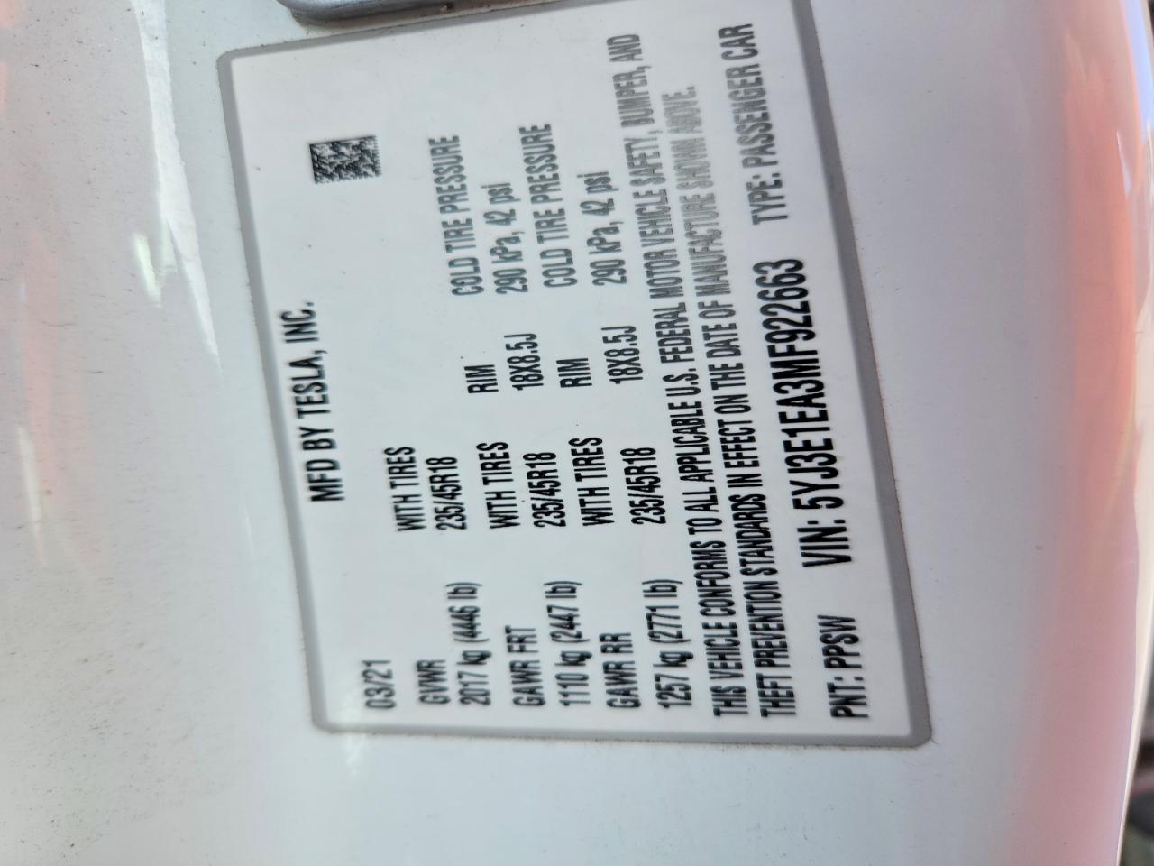2021 TESLA MODEL 3 photo 12