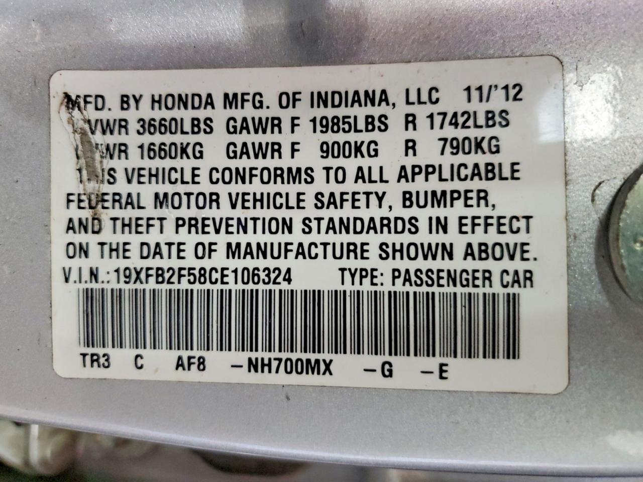2012 HONDA CIVIC LX photo 13