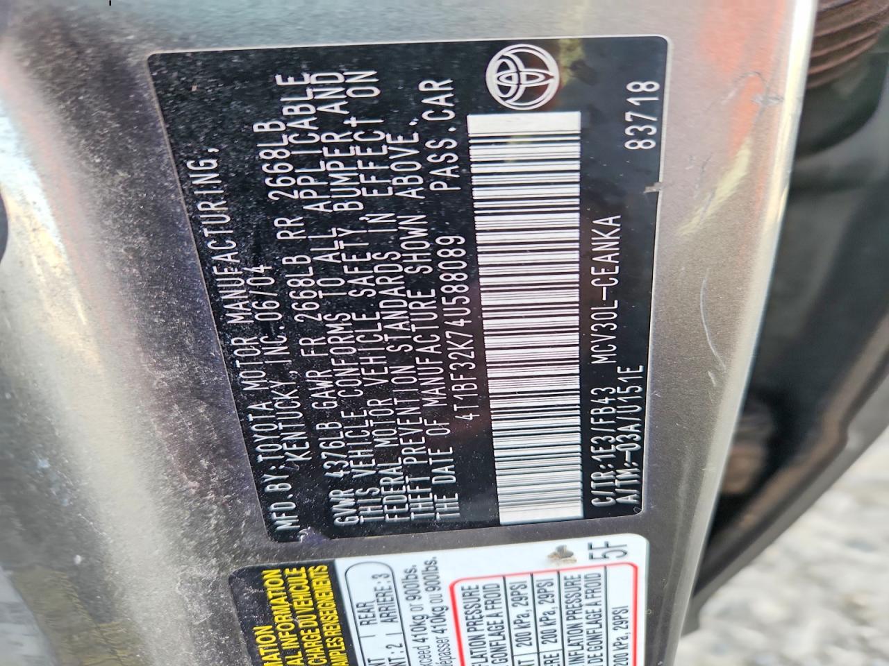 2004 TOYOTA CAMRY LE V6 photo 12