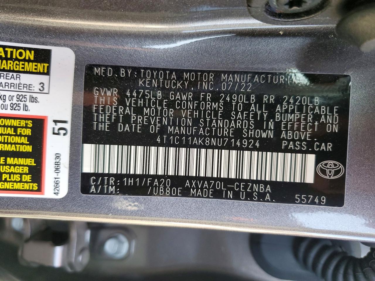 2022 TOYOTA CAMRY LE photo 12