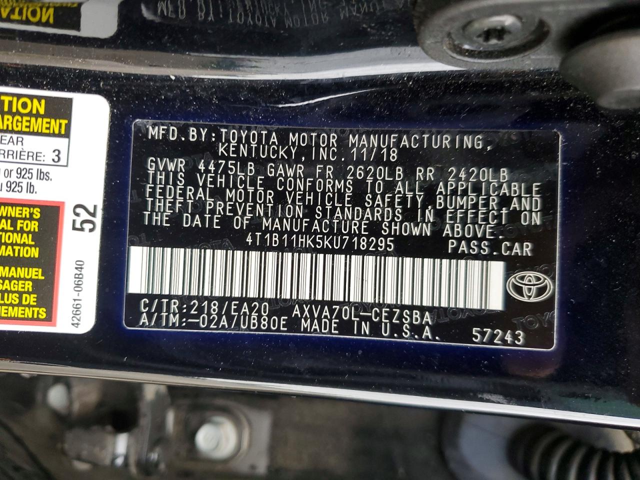 2019 TOYOTA CAMRY L photo 25