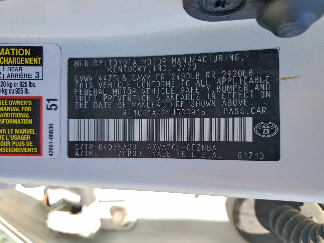 2021 TOYOTA CAMRY LE photo 25