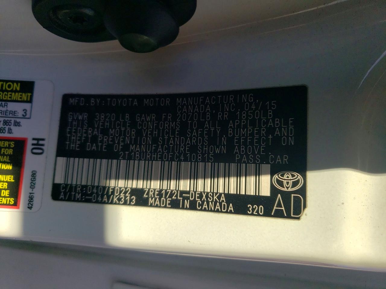 2015 TOYOTA COROLLA L photo 12