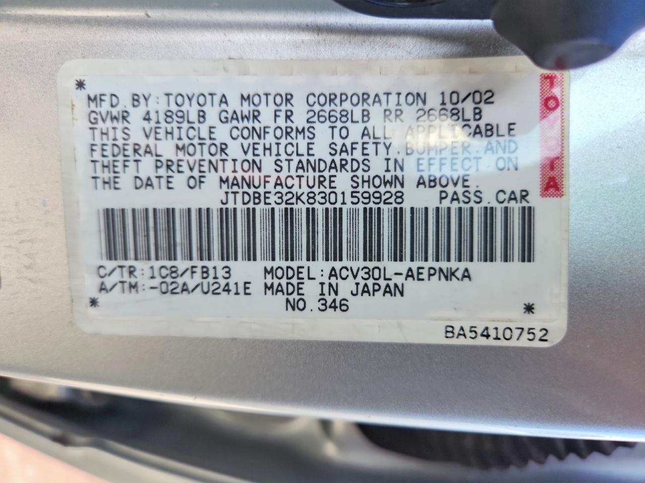 2003 TOYOTA CAMRY LE photo 23